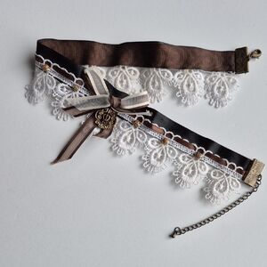 Handmade Brown Ribbon White Lace Choker with Charm & Bow Accent